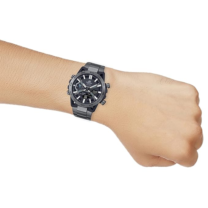 Black Analog-Digital Dial Men's Watch – Gray Ion-Plated Band, Tough Solar, Smartphone Link