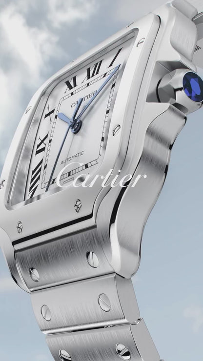 Santos de Large Automatic – 39.8 mm × 47.5 mm. Iconic design, black dial, ADLC bezel, interchangeable strap & timeless elegance