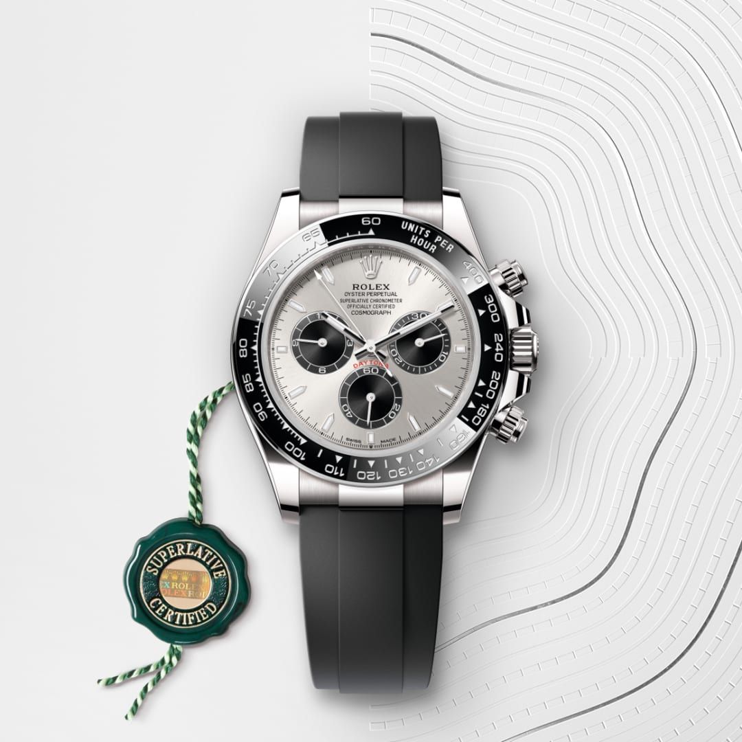 Cosmograph Daytona 40MM – White Gold Dial, Rubber Strap & Pure Steel Case